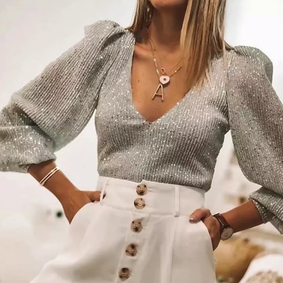 Pippidip Tops - V-Neck Sequin Blouse